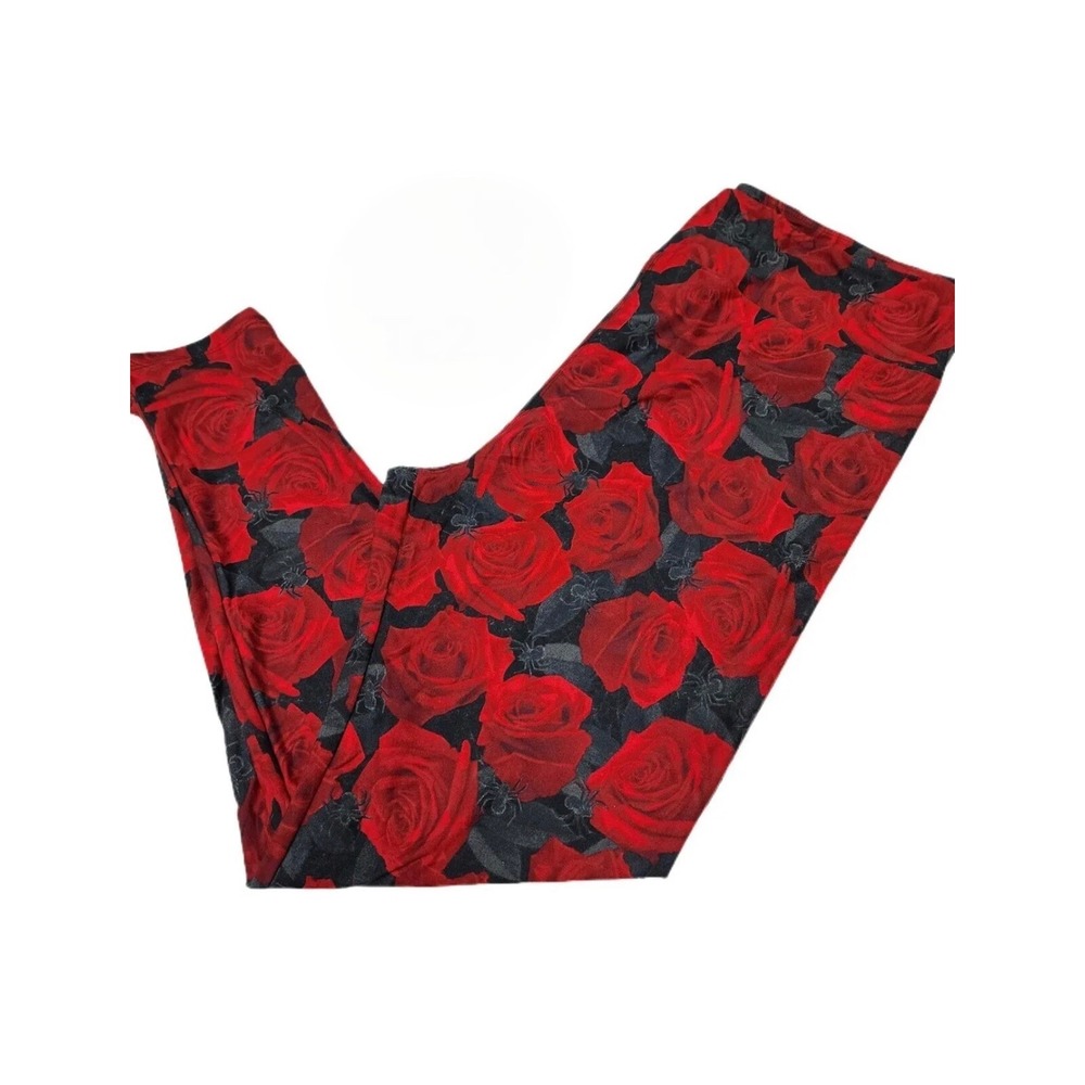 Os LuLaRoe Leggings Halloween Bright Red Roses Spiders Fits 2/10